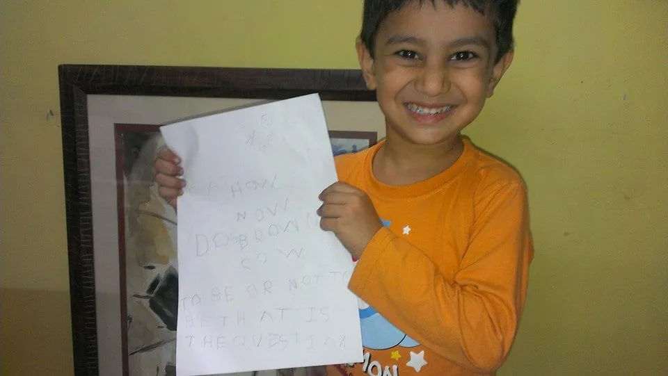 Kavin did some writing exercises. 

He stuck and cat and dog onto the page. His logic: if there can be a brown cow, ther