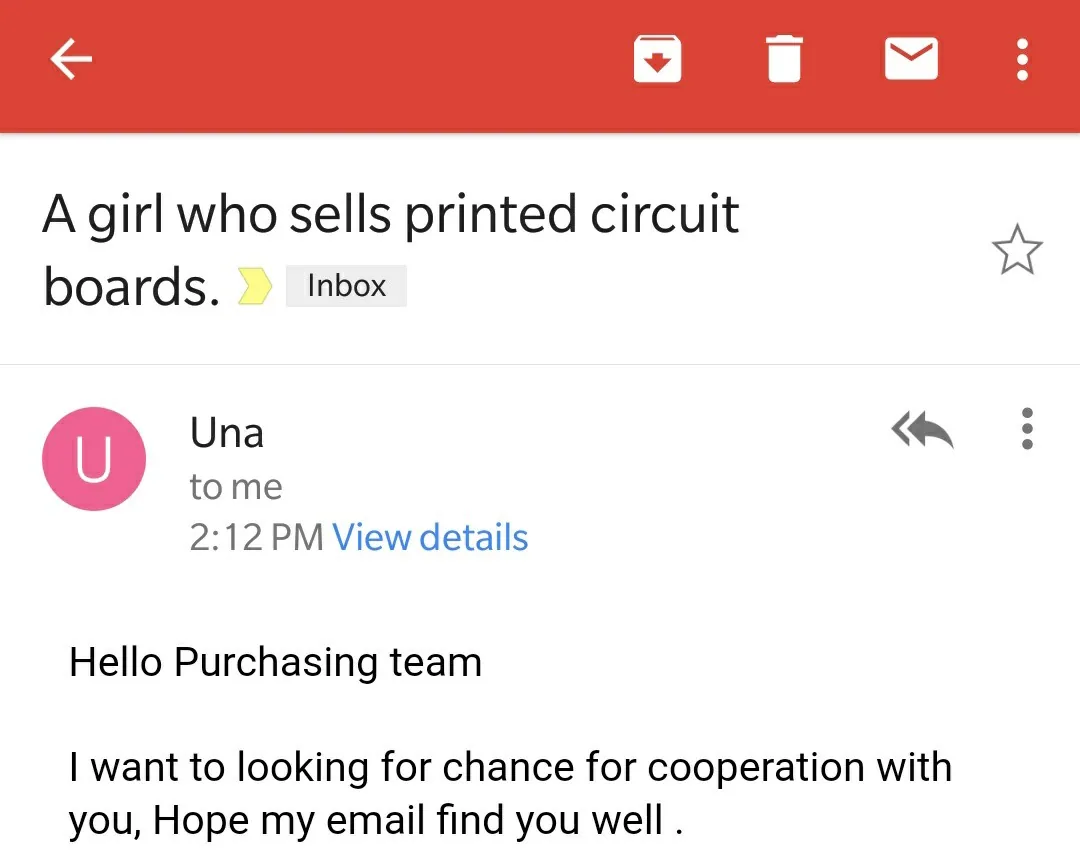 Marketing emails from China sometimes have cute or offbeat subject lines.

A girl who sells printed circuit boards ð