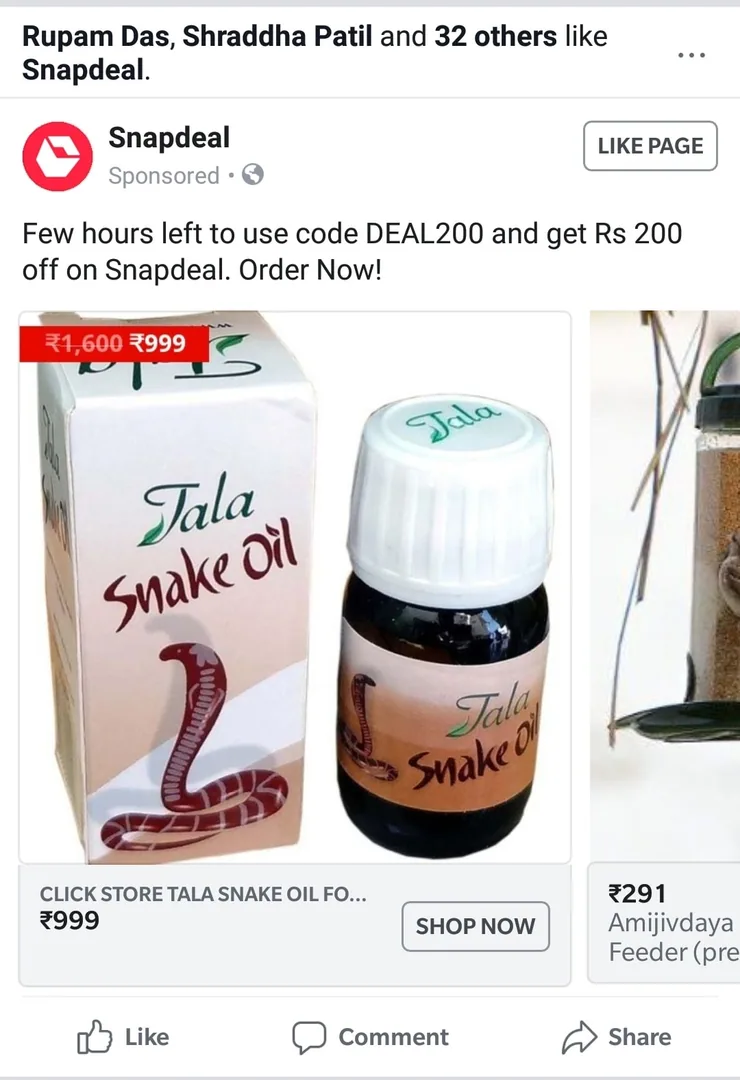 Snapdeal literally just tried to sell snake oil to me. For hair regrowth it seems.

Did they not get the memo? https://w