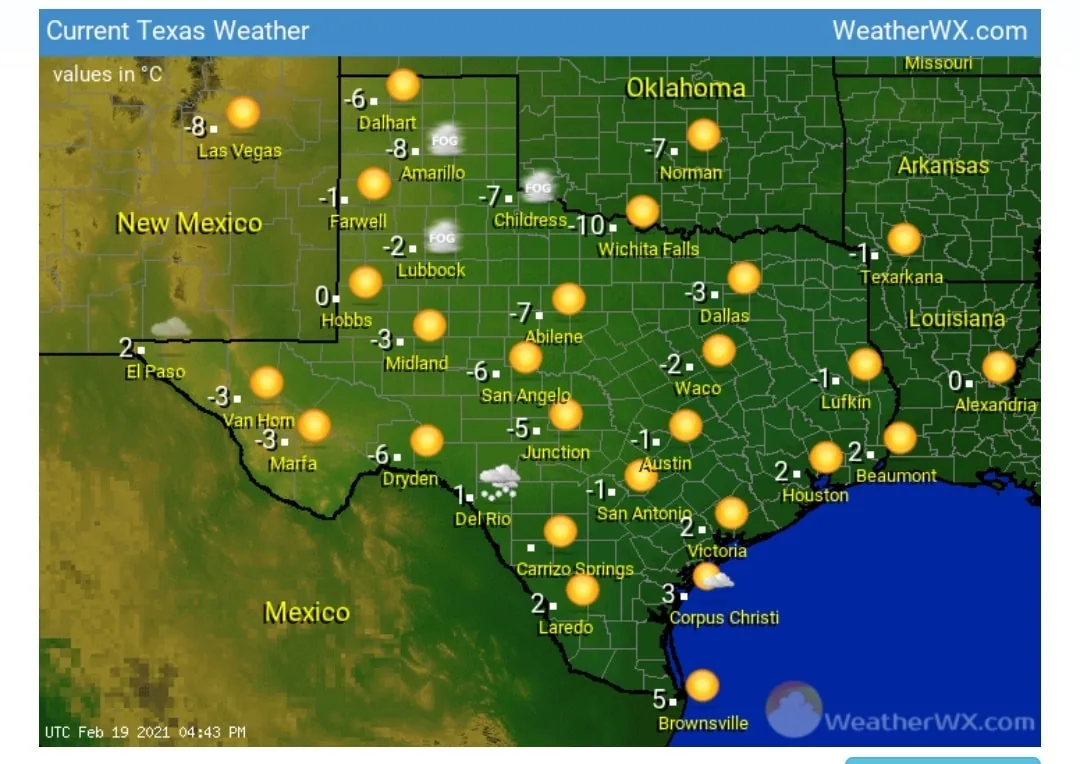 I don't understand what is going on in Texas. So I looked at a Centigrade map.

This is terribly cold weather. But, last