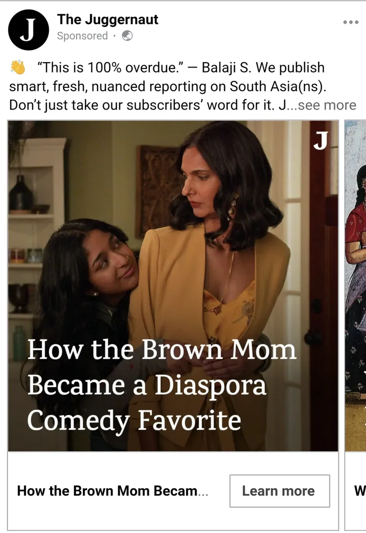 I'm scrolling through my feed when I see this ad. And its meta, because The Juggernaut is talking about Poorna Jagannath