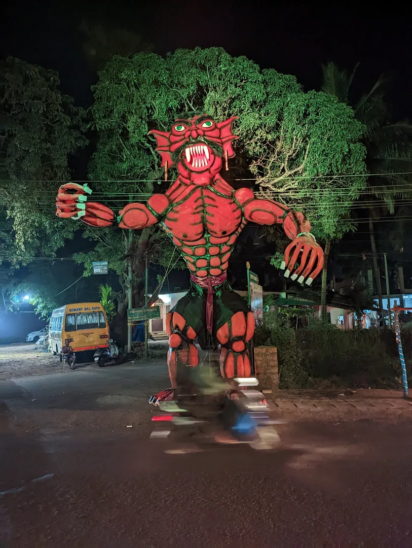 One of our many neighbourhood Narkasuras.

Passing scooter for size reference.

(It is said that up North diwali is the 