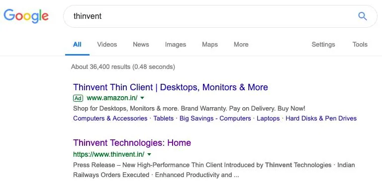This has me tickled pink. Google for "thinvent", and Amazon pushes an ad. Click on the ad and Amazon lists all of our pr