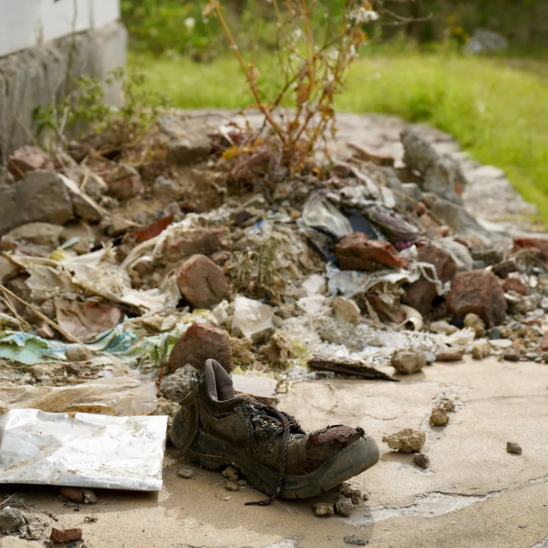 I found this shoe, abandoned at a worksite. Beside it was a pile of rubble, and a wild dandelion plant had grown out of 
