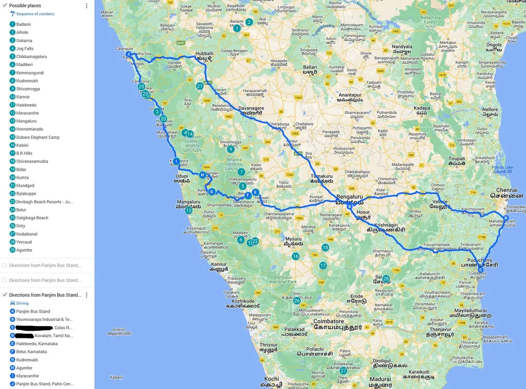 Internet hivemind, need help with trip planning.

What are some good places to see between Kovalam (Chennai) and Goa in 